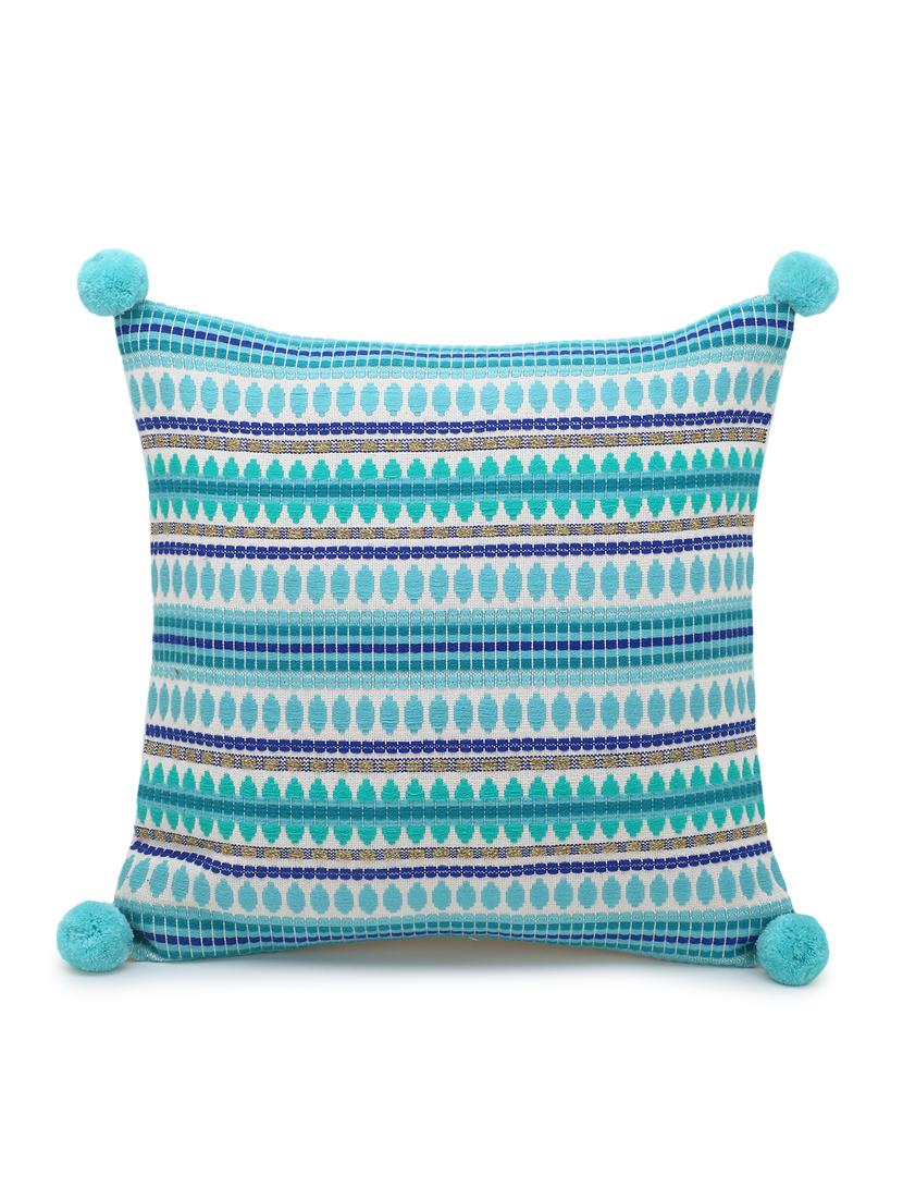 stave collection by mezposh : pink & multi acrylic jacquard striped cushion cover with pompoms (16x16in) - 17977645 - Standard Image - 2