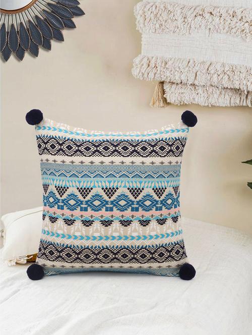 dazzle collection by mezposh : coral & multi acrylic lurex jacquard ethnic motifs cushion cover with pompoms (16x16in) - 17977647 - Standard Image - 0