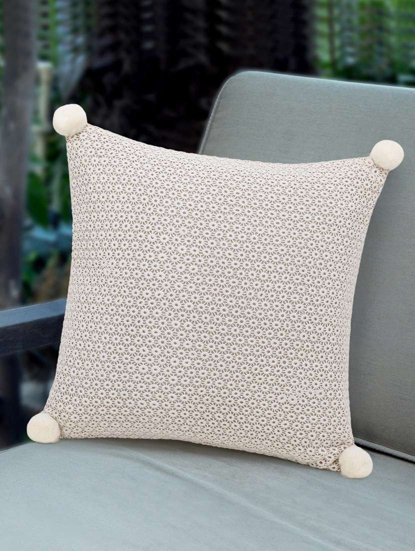 rasta collection by mezposh : natural cotton self design cushion cover with pompoms (16x16in)