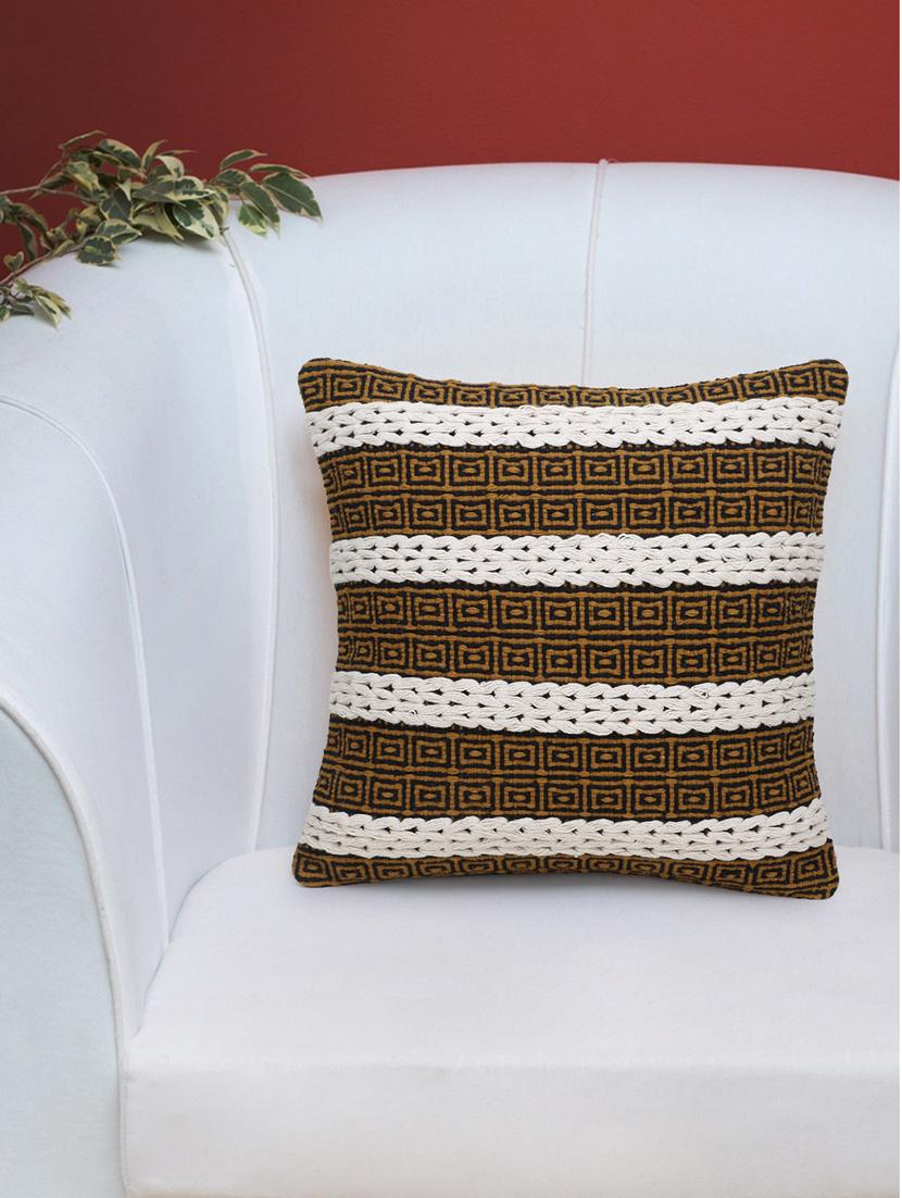 stave collection by mezposh : natural & mustard cotton jacquard cushion cover with striped pattern (18x18in)