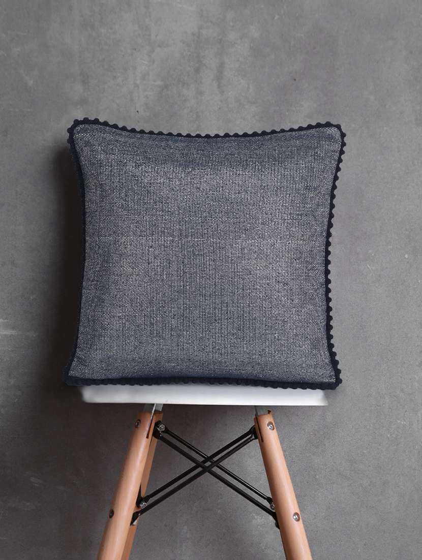 mezposh dazzle dazzle grey & navy cotton lurex solid self design pompom cushion cover (16"x16")