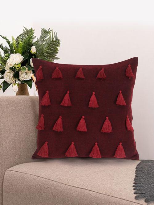 mezposh droplet brown cotton velvet solid self design tasselled cushion cover (16"x16") - 17977761 - Standard Image - 0