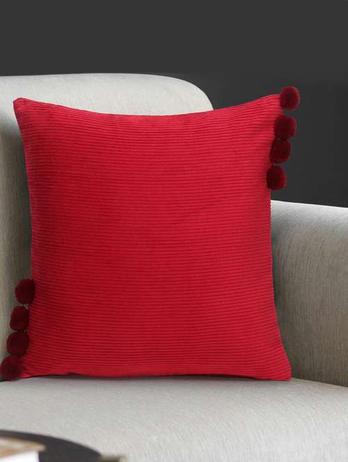 mezposh motley maroon cotton corduroy striped pompom cushion cover (16"x16") - 17977765 -  Standard Image - 0
