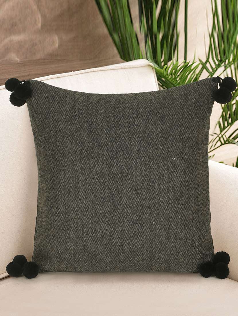 mezposh motley grey wool solid self design pompom cushion cover (16"x16")