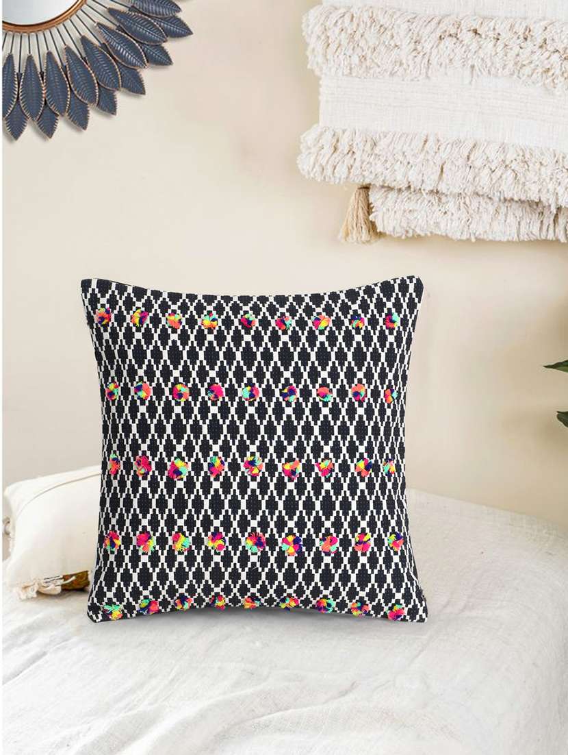 Mezposh Acoustic Black, White & Multi Cotton Jacquard Quirky Pompom Cushion Cover (16"X16")