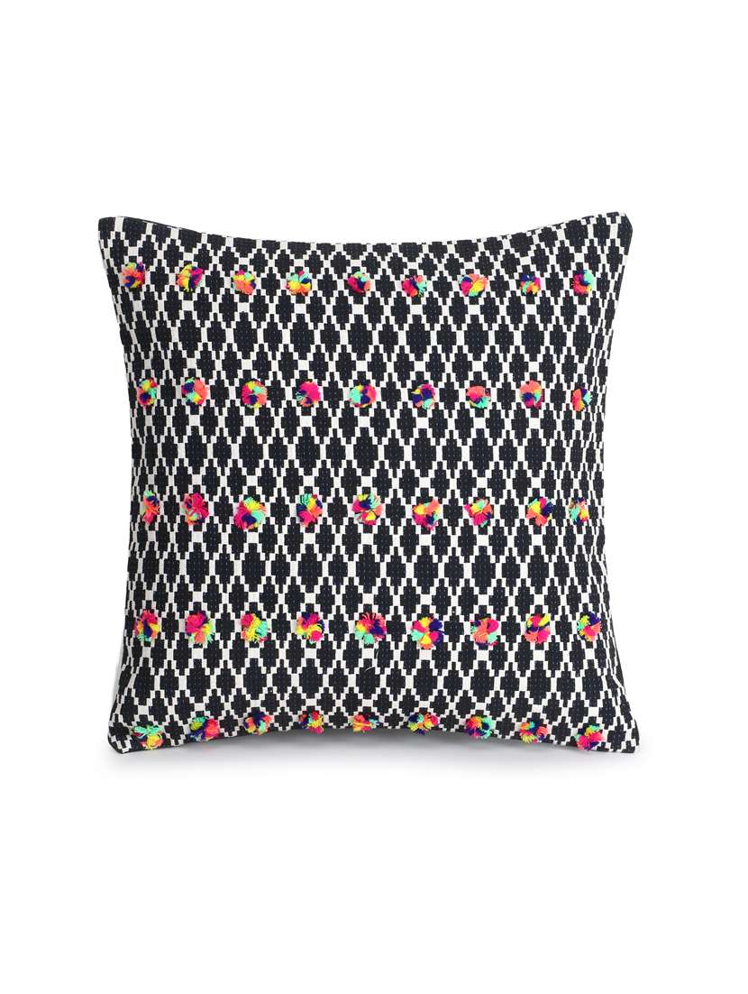 Mezposh Acoustic Black, White & Multi Cotton Jacquard Quirky Pompom Cushion Cover (16"X16")