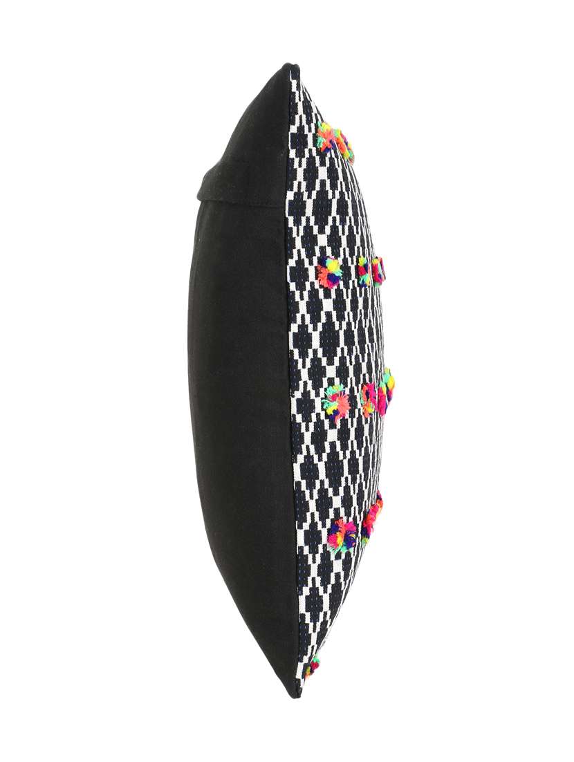 Mezposh Acoustic Black, White & Multi Cotton Jacquard Quirky Pompom Cushion Cover (16"X16")