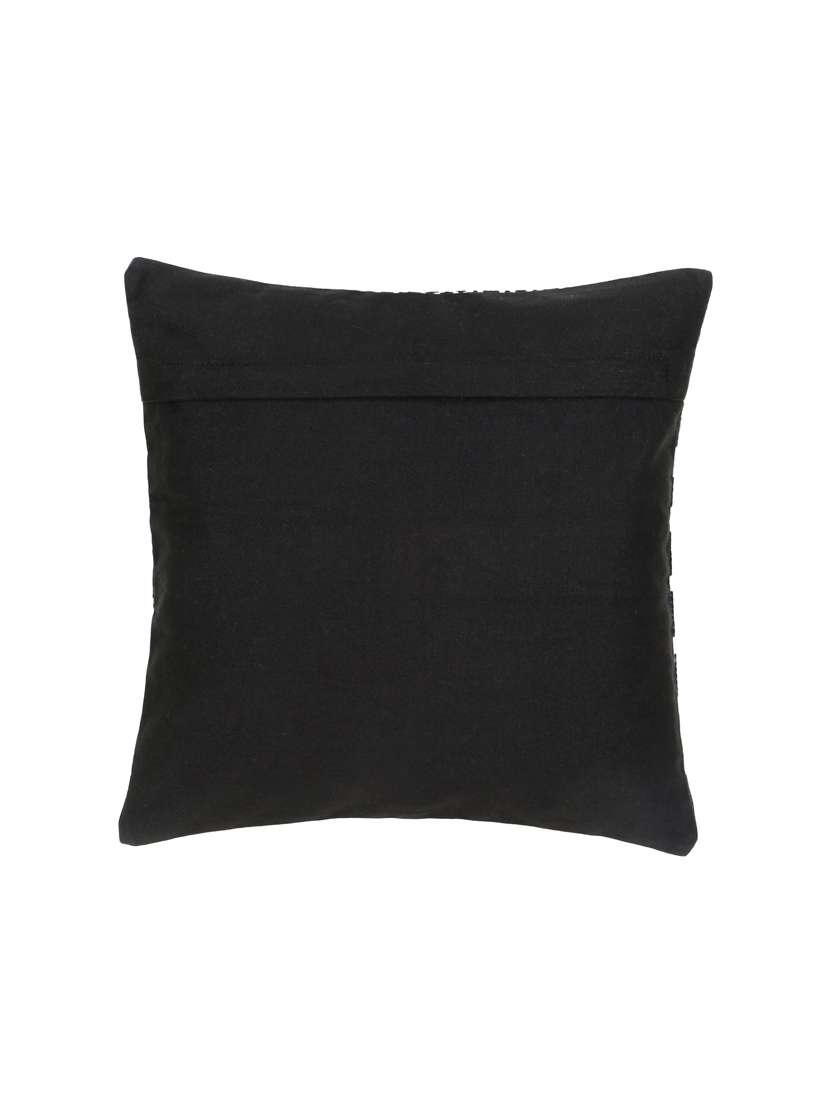 Mezposh Acoustic Black, White & Multi Cotton Jacquard Quirky Pompom Cushion Cover (16"X16")