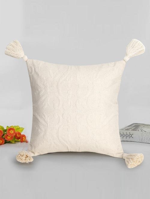 mezposh rasta natural cotton self design tasselled cushion cover (12"x12") - 17977802 - Standard Image - 0
