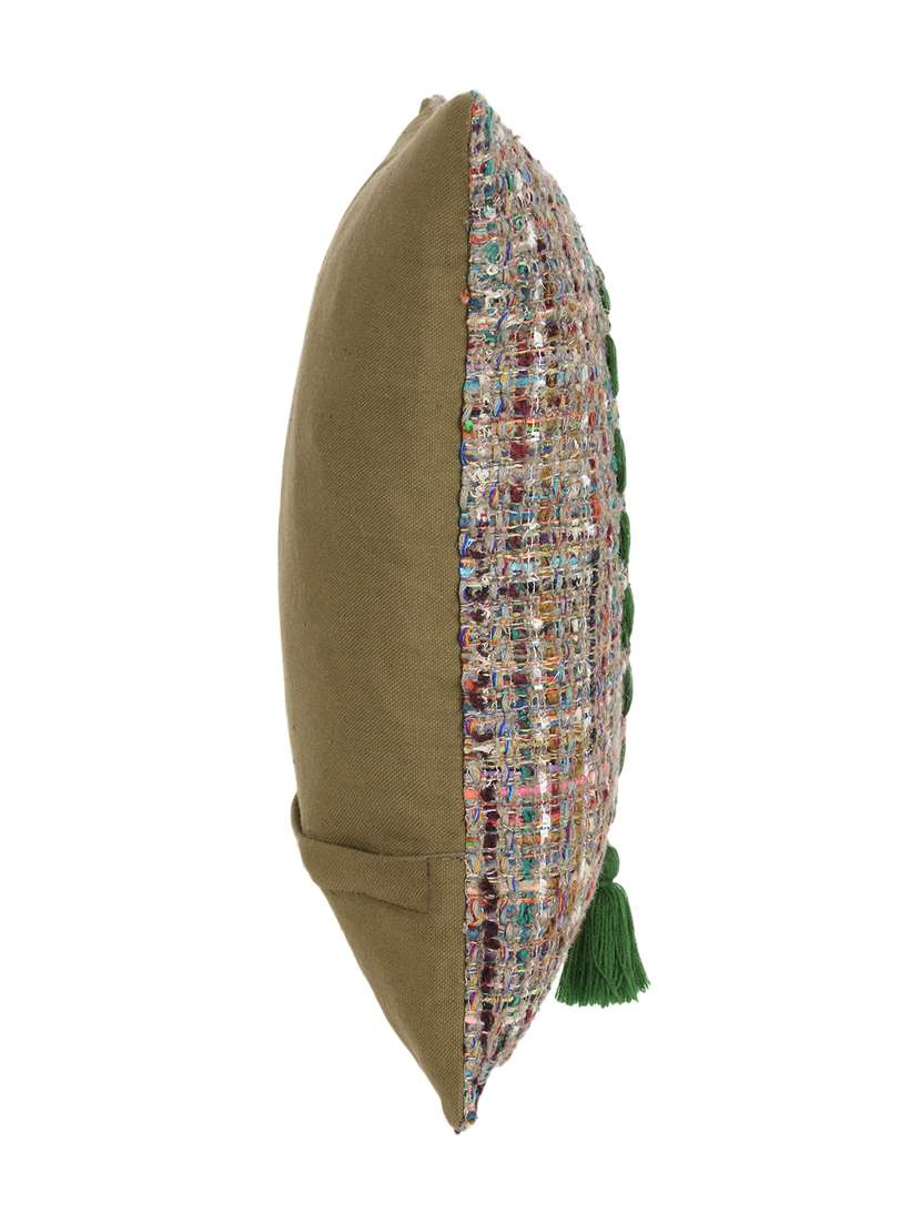 Mezposh Motley Green & Multi Wool Quirky Tasselled/ Cushion Cover With Zari (16"X16")