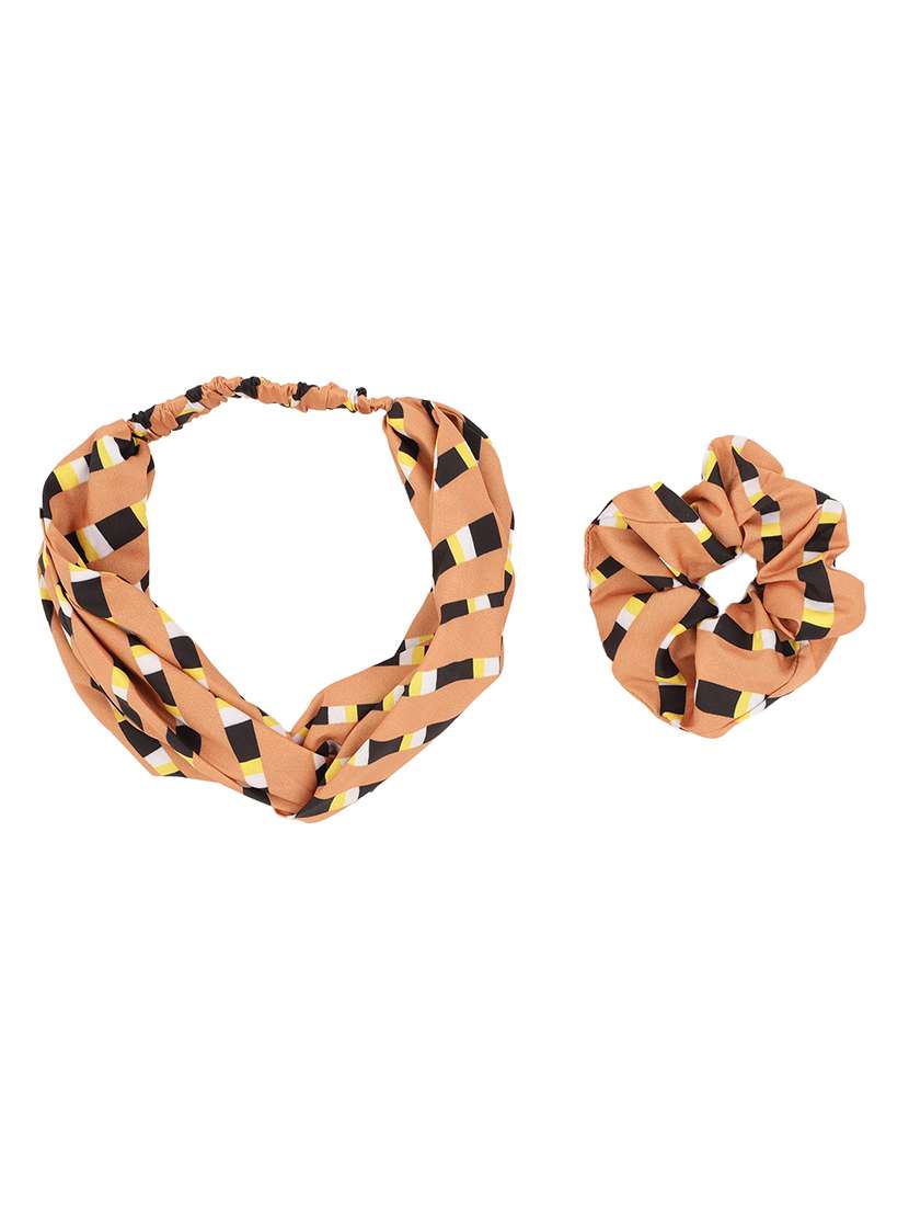 tan printed viscose headband and scrunchy combo pack