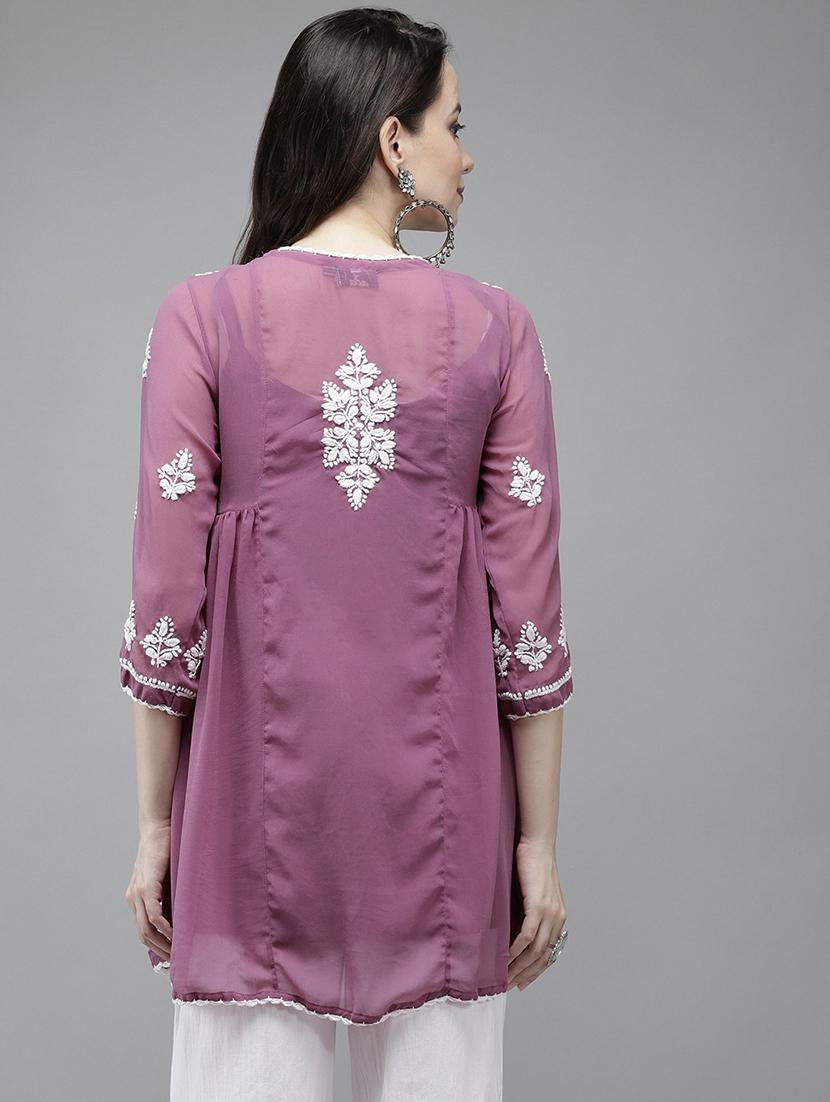 ada hand-embroidered chikankari purple a-line kurti - 17989381 - Standard Image - 2