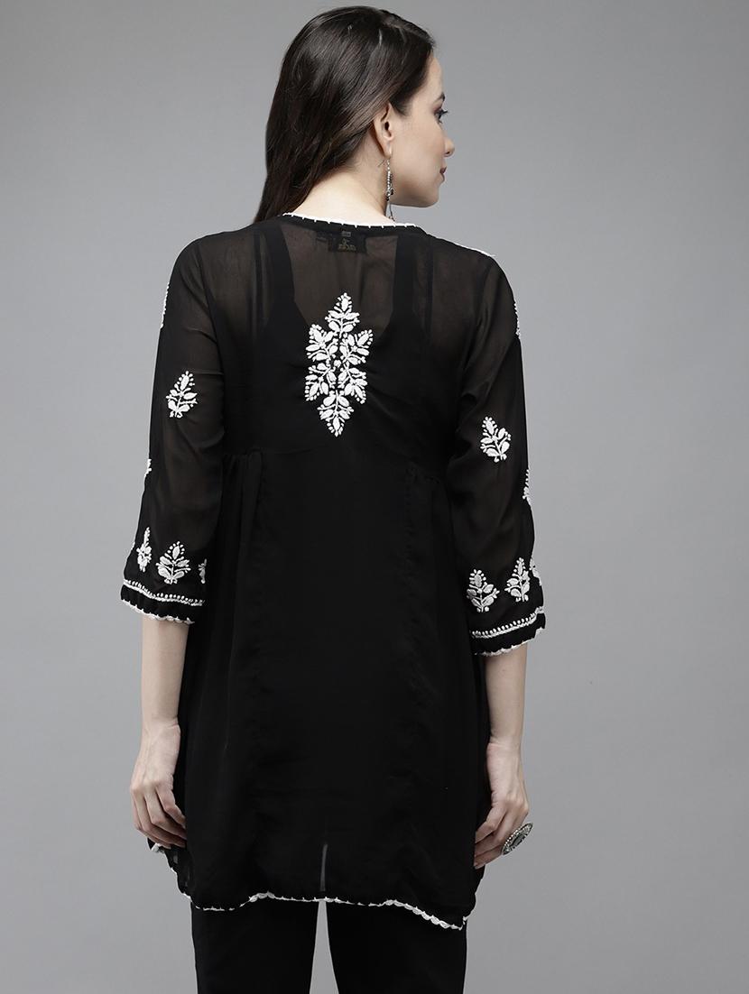 ada hand-embroidered chikankari black a-line kurti - 17989382 - Standard Image - 2