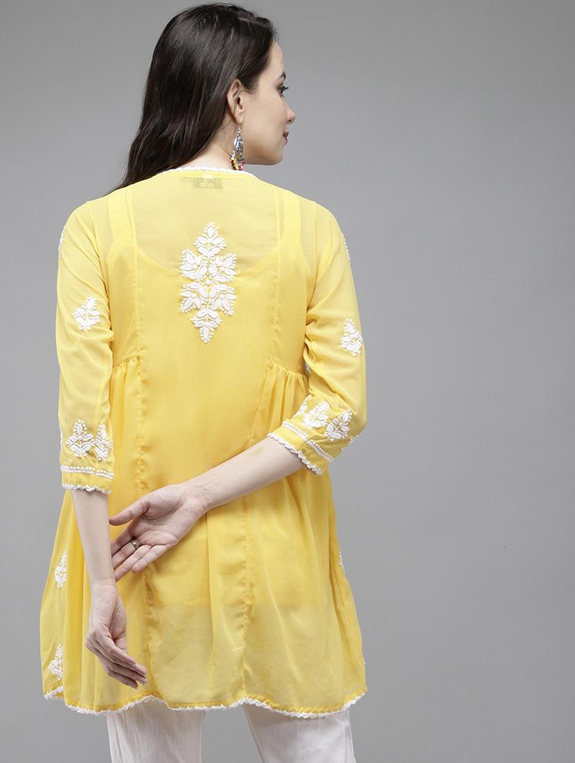 ada hand-embroidered chikankari yellow a-line kurti - 17989387 - Standard Image - 2