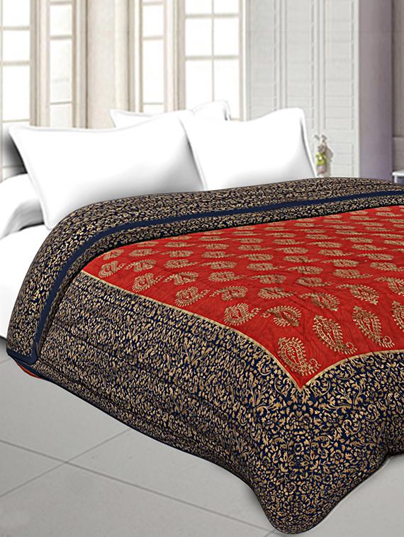 jaipuri printed double bed razai golden red and blue with paisley pattern