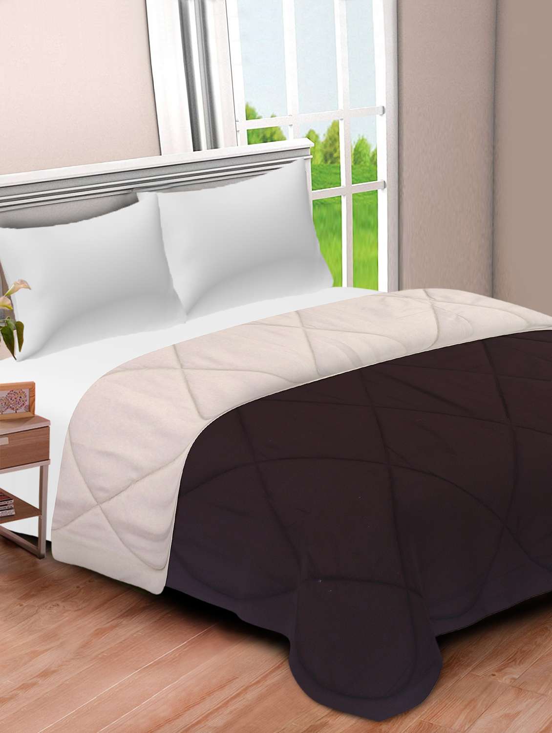 dark brown-off white double bed comforter
