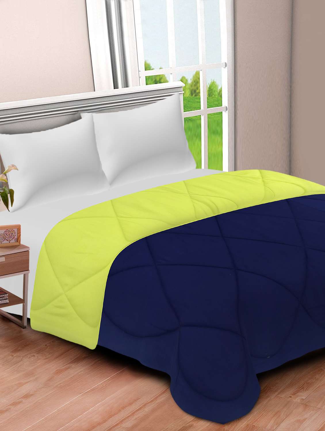 navy blue-lemon green double bed comforter