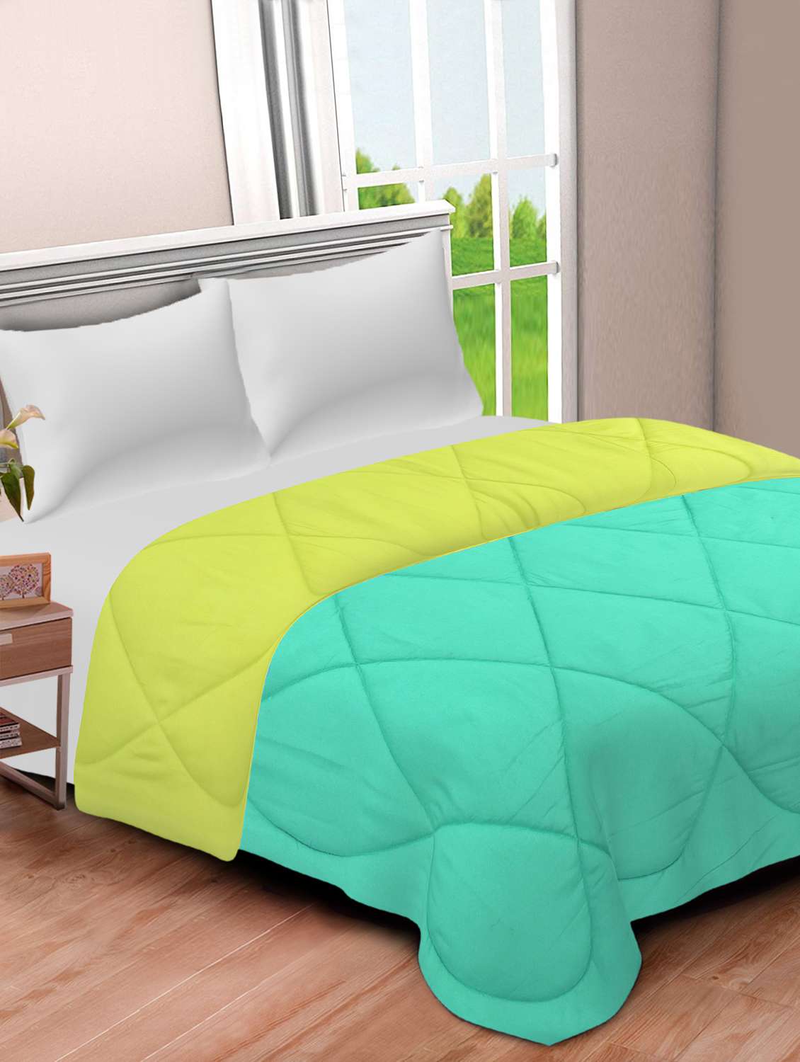 sky blue-lemon green double bed comforter