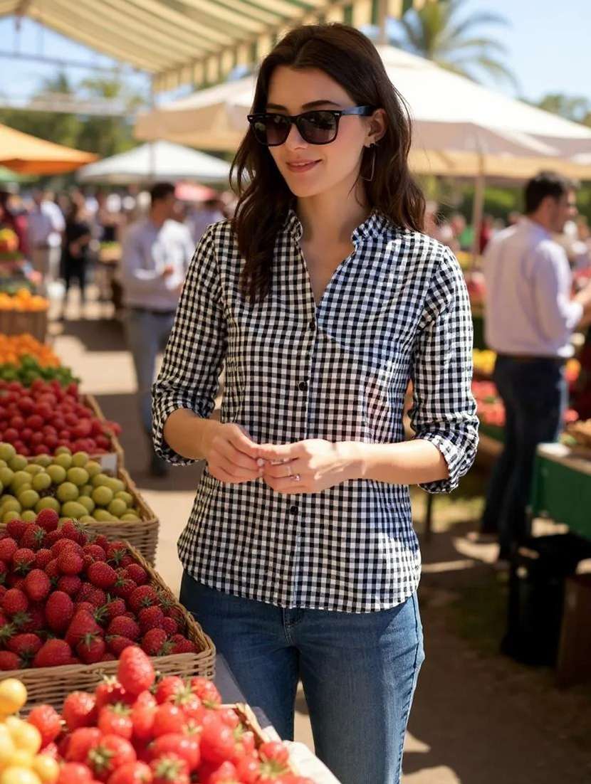 women white checkered straight mandarin neck top