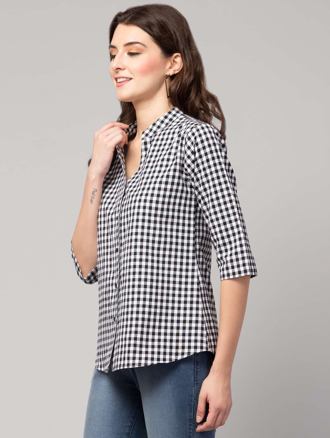 women white checkered straight mandarin neck top - 17994682 -  Standard Image - 2