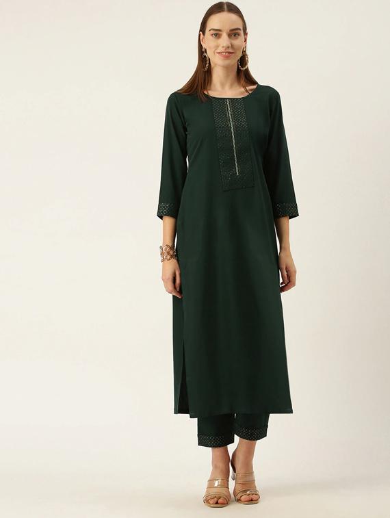 green crepe kurta pant  set