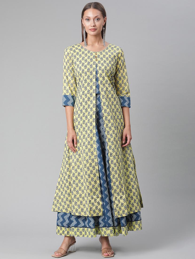 yellow cotton kurta skirt  set