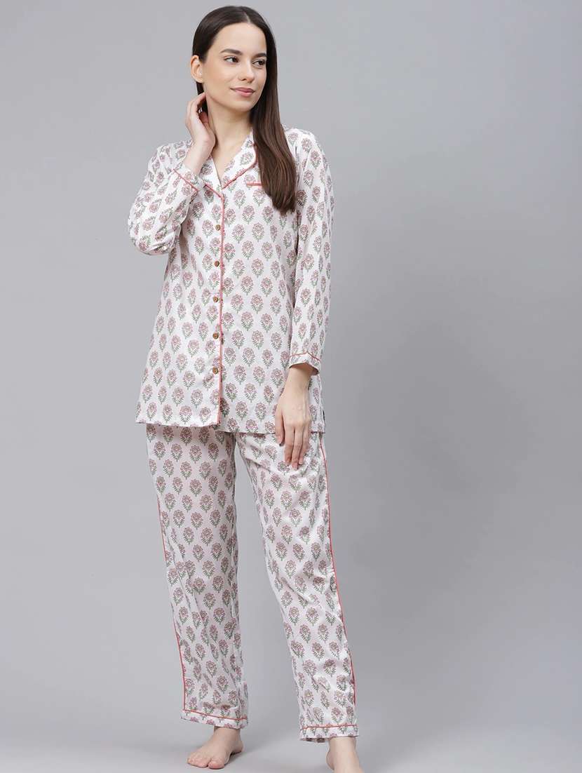 lapel neck printed nightwear pajama set