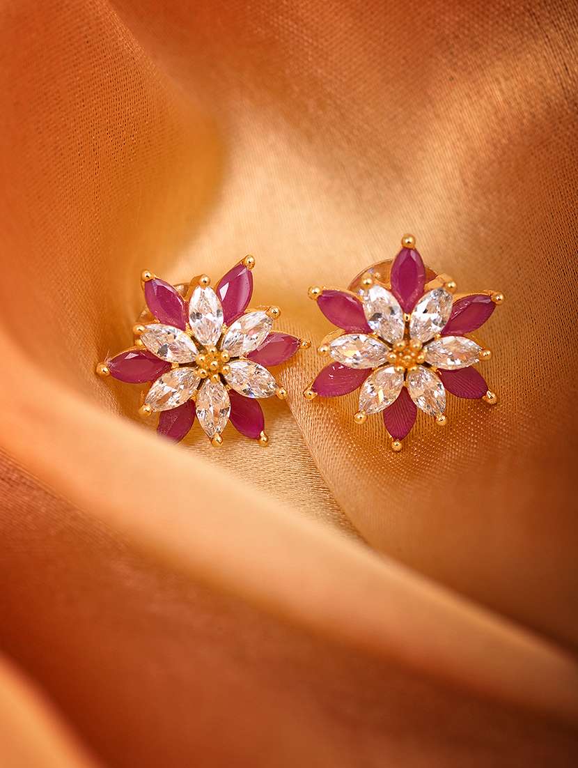 gold plated floral studs red & white ad encrusted earrings
