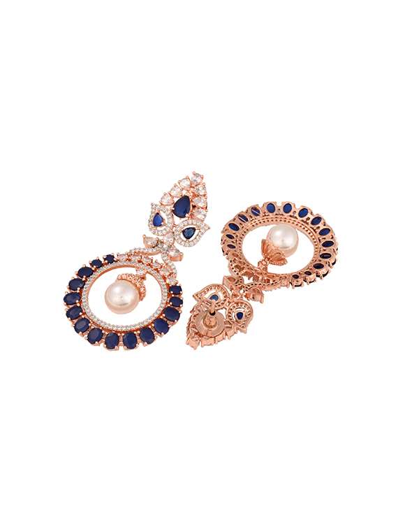 rose gold plated pearl with blue studded drop earrings