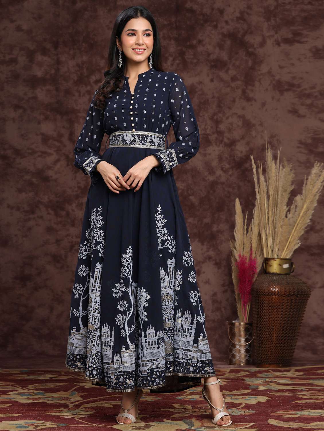 foil print flared ethnic dress