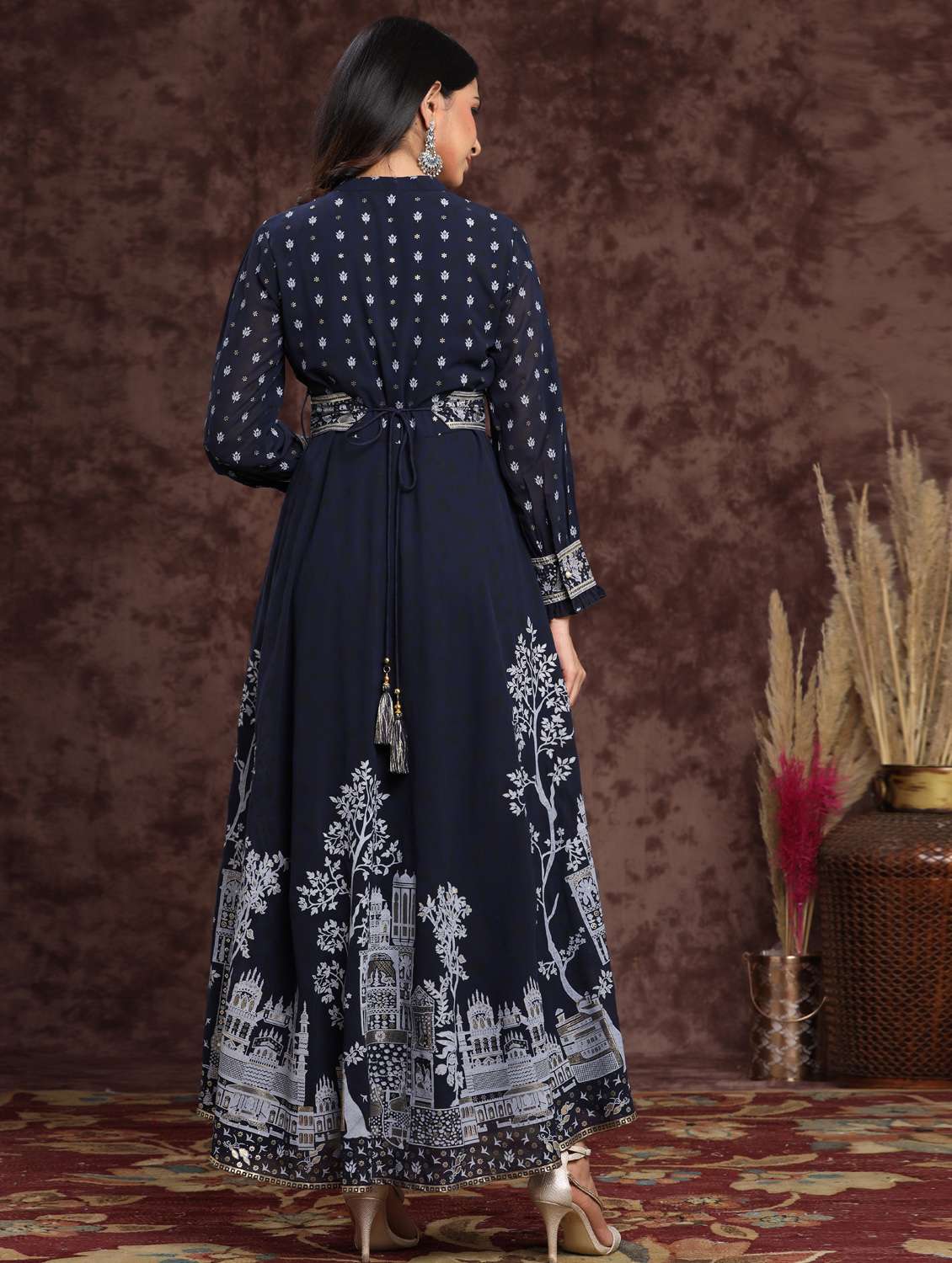 foil print flared ethnic dress - 17998094 -  Standard Image - 2