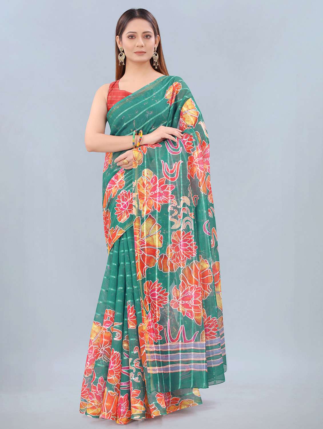 floral print woven saree with blouse