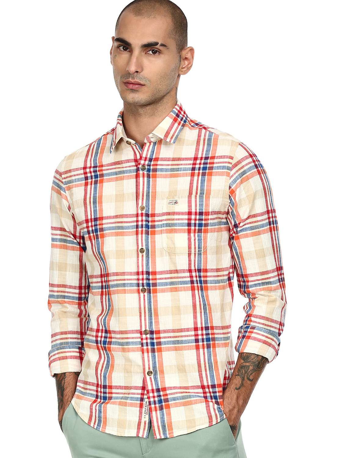 beige checkered casual shirt