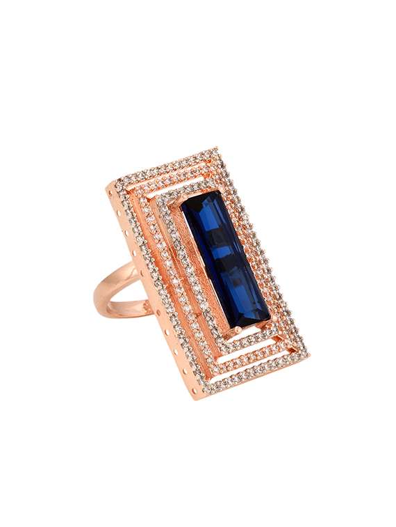 rose gold plated blue studded solitaire adjustable finger ring