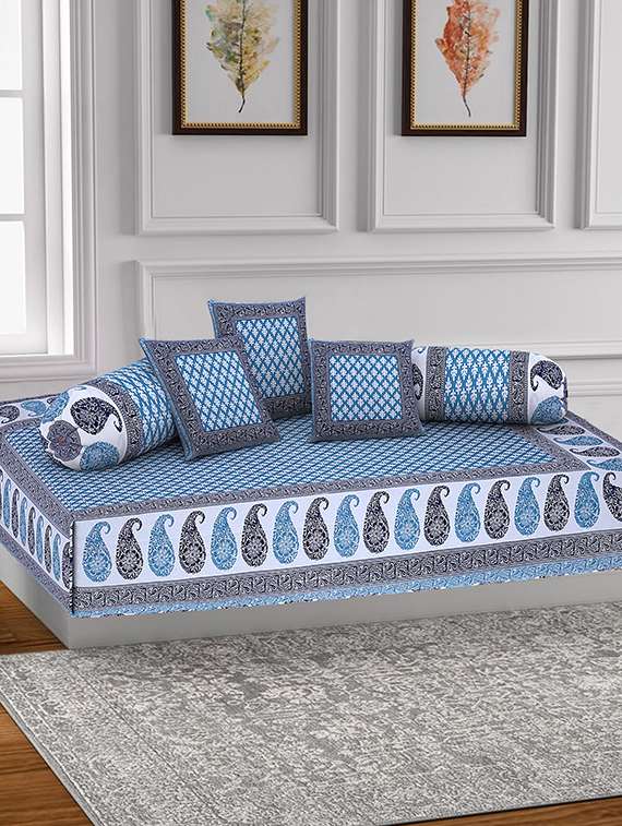 texstylers 200 tc pure cotton jaipuri printed traditional set of 6 pcs's single bed diwan set