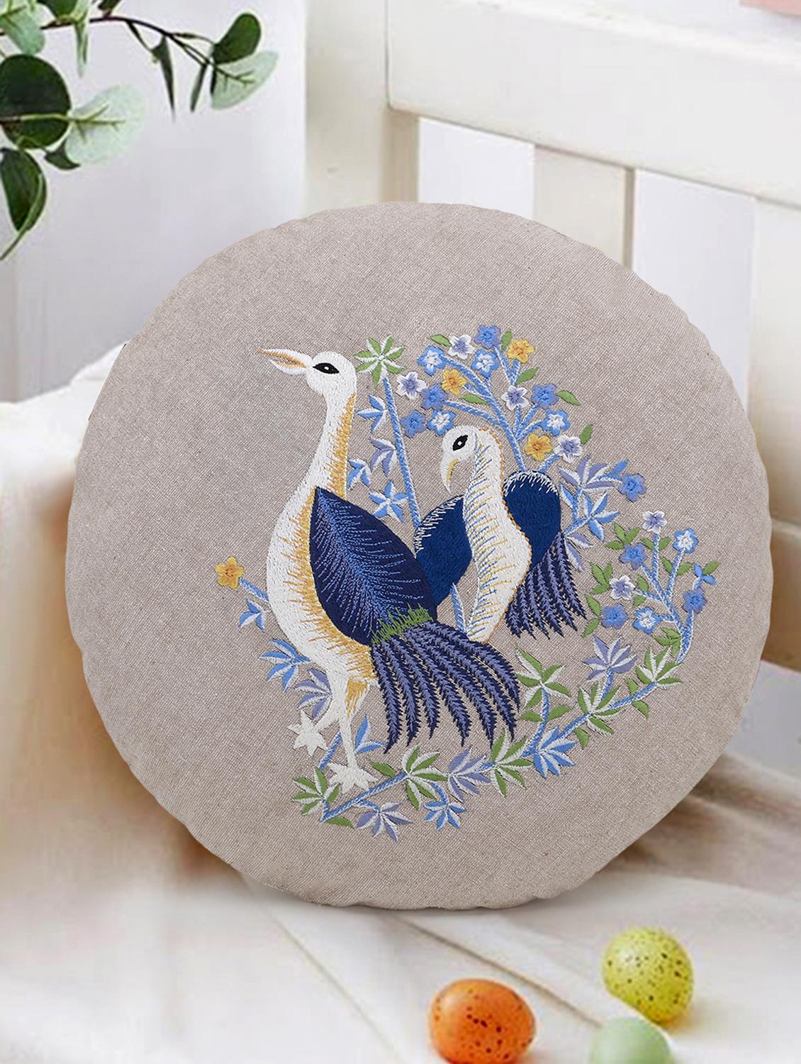 mezposh rustic natural and blue cotton quirky bird embroidered cushion cover (16 dia)