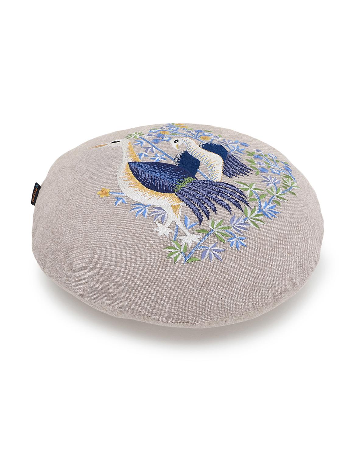 mezposh rustic natural and blue cotton quirky bird embroidered cushion cover (16 dia) - 18007130 - Standard Image - 2