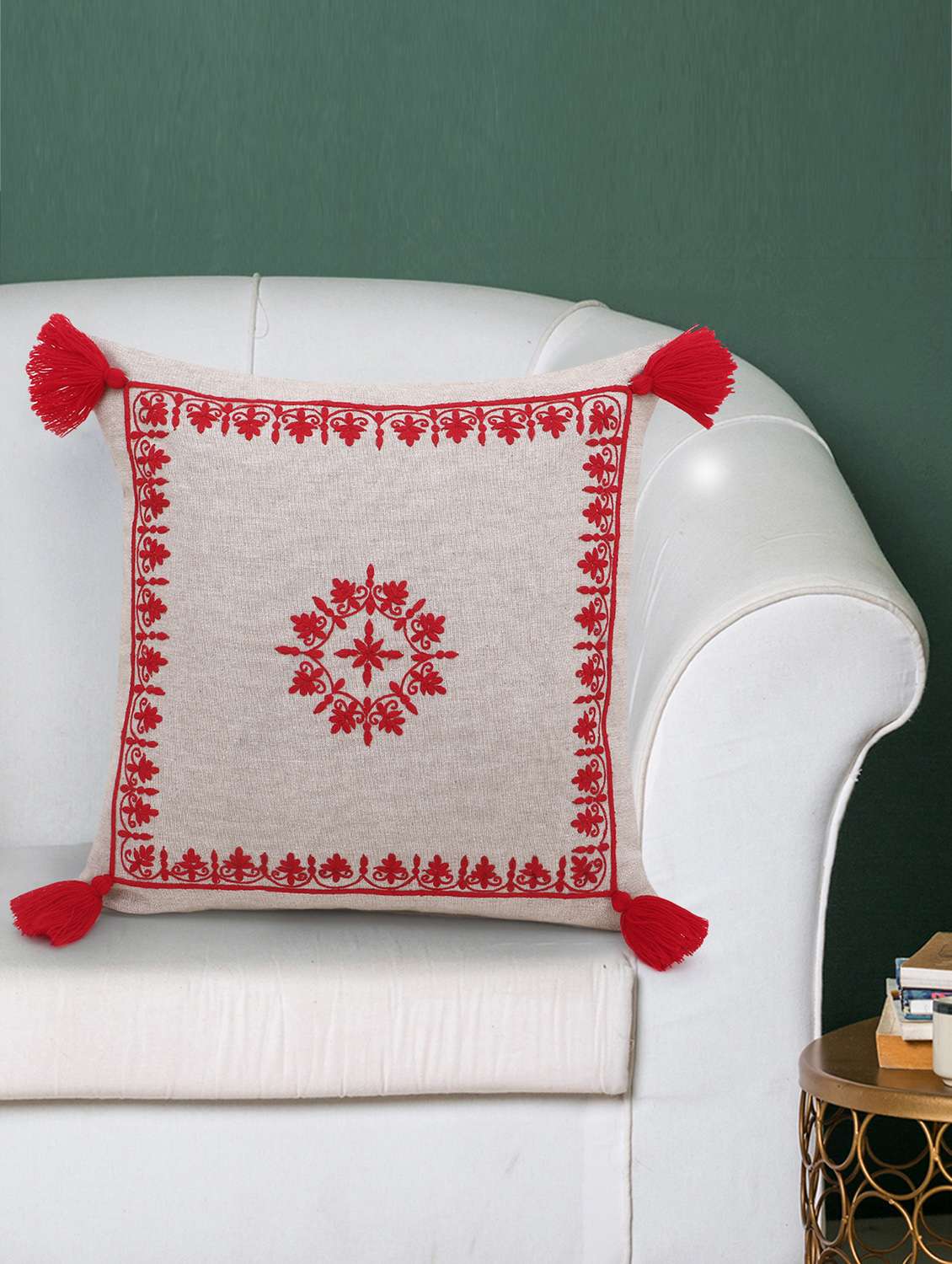 mezposh rustic natural and red cotton chambray embroidered cushion cover with tasssels (16x16 inch) - 18007131 - Zoom Image - 0