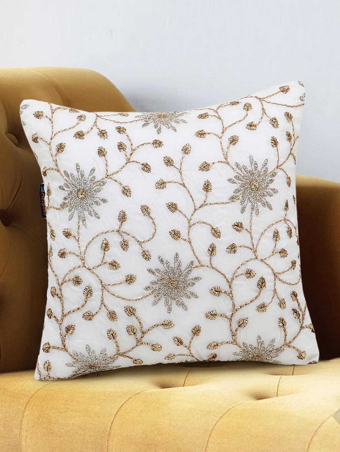 mezposh dazzle white and gold faux silk embellished hand embroidery floral cushion cover (16x16 inch) - 18007132 - Zoom Image - 0