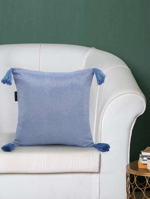 mezposh dazzle blue and silver shimmer cotton lurex self design cushion cover with tassels (16x16 inch) - 18007133 -  Standard Image - 0