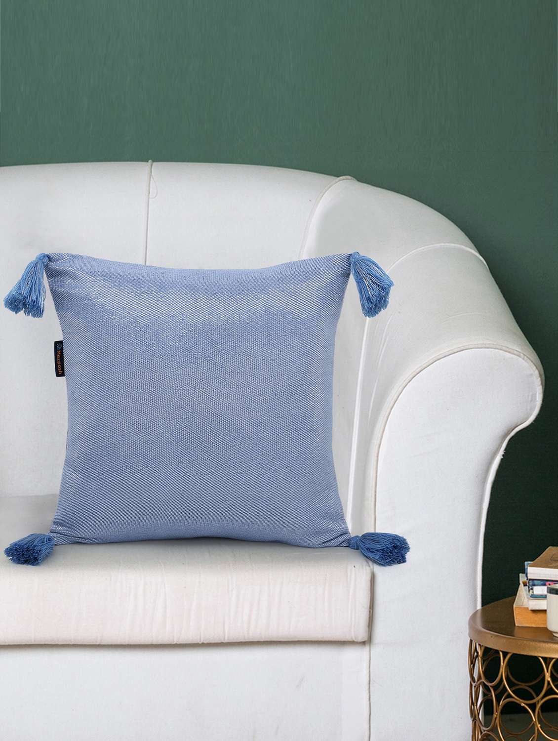 mezposh dazzle blue and silver shimmer cotton lurex self design cushion cover with tassels (16x16 inch) - 18007133 -  Zoom Image - 0