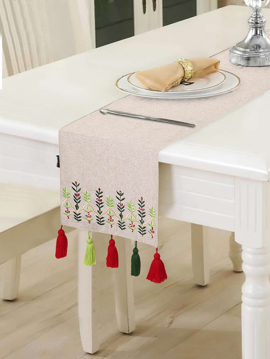 mezposh rustic beige & green color cotton chambray floral embroidered 6 seater table runner with tassels (180x40cm)