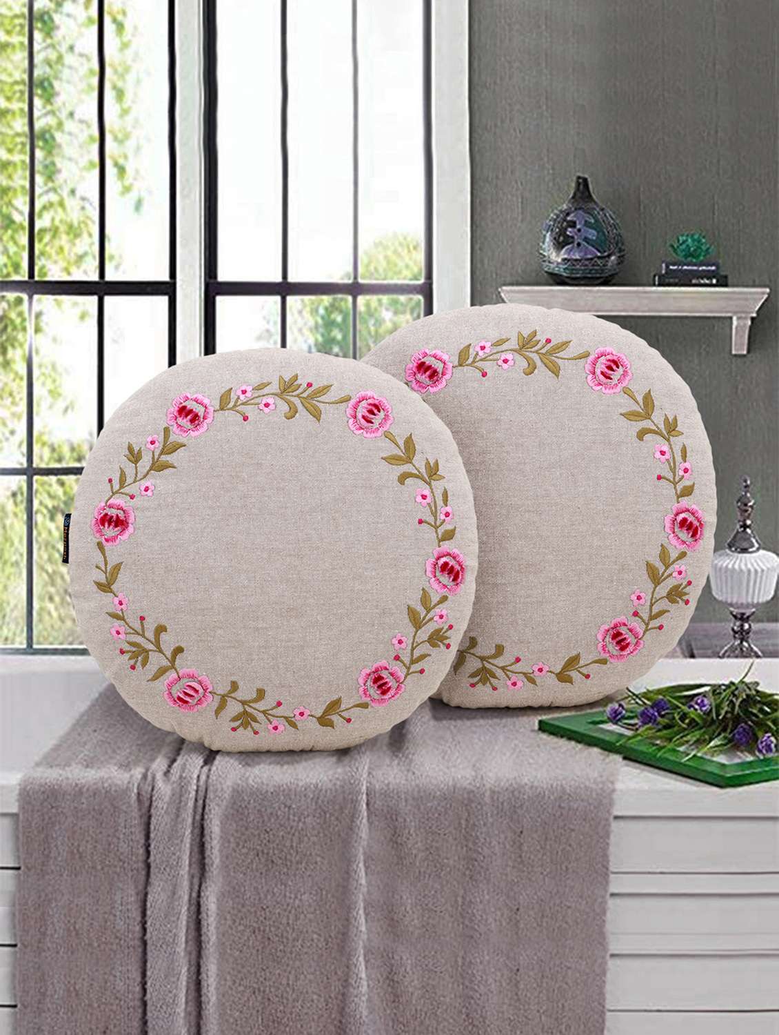 mezposh rustic natural and pink cotton chambray floral embroidered cushion cover (16 dia) set of 2