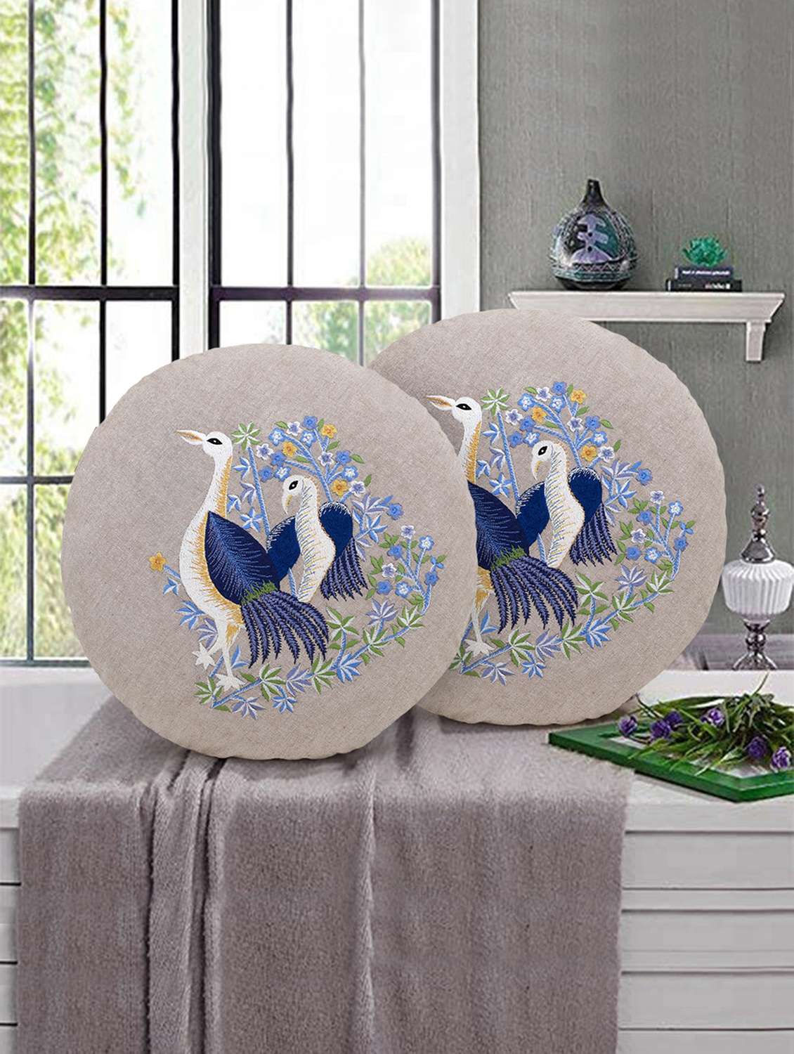mezposh rustic natural and blue cotton quirky bird embroidered cushion cover (16 dia) set of 2 - 18007140 -  Zoom Image - 0