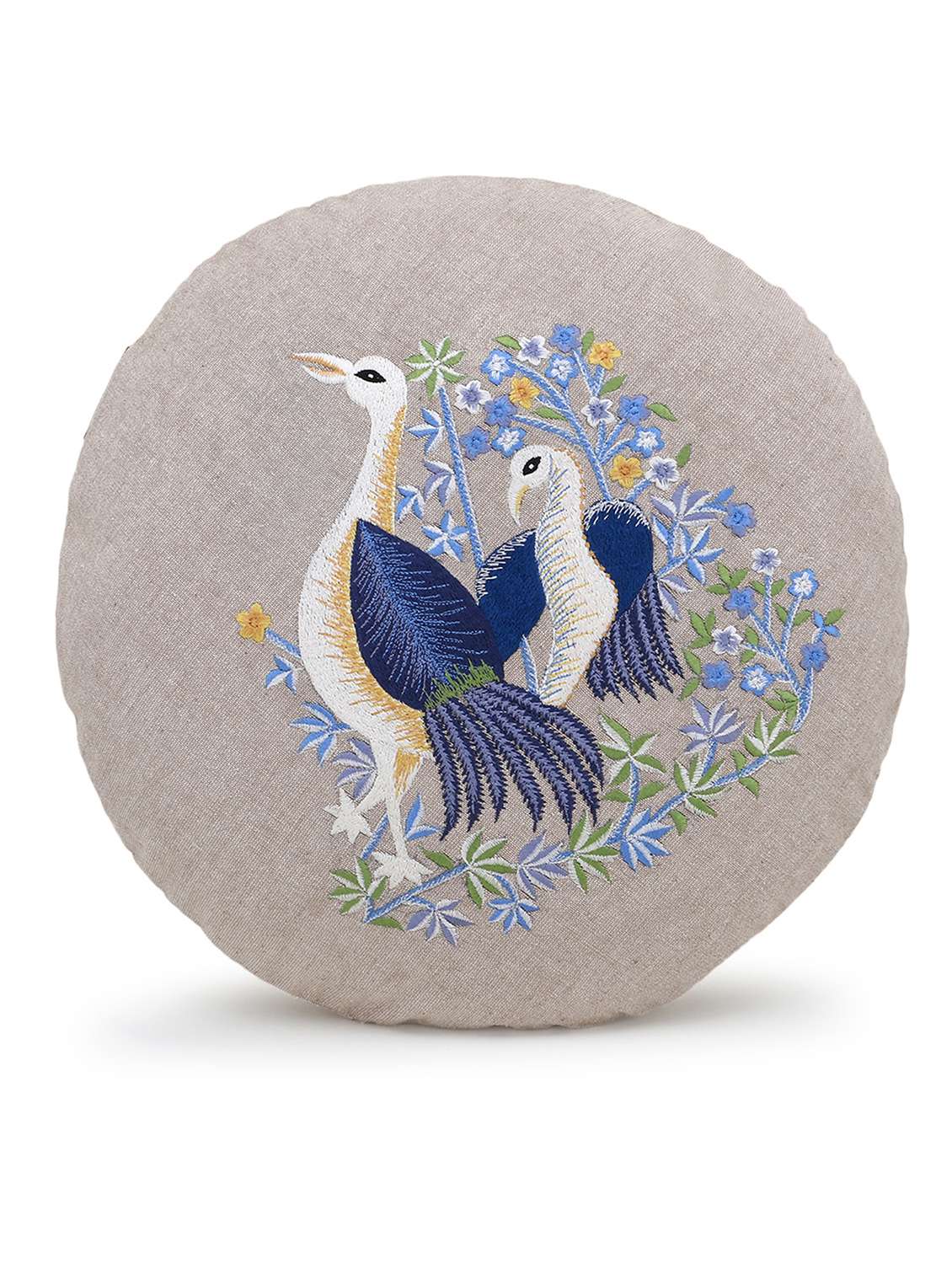 mezposh rustic natural and blue cotton quirky bird embroidered cushion cover (16 dia) set of 2 - 18007140 - Standard Image - 2