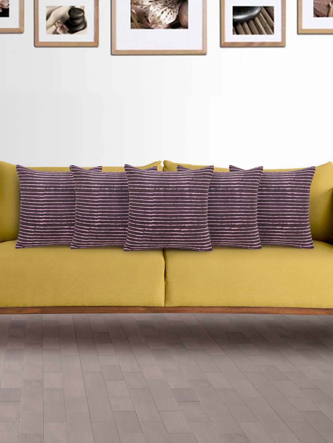 mezposh artsy brown and pink cotton block print striped cushion cover (16x16 inch) set of 5