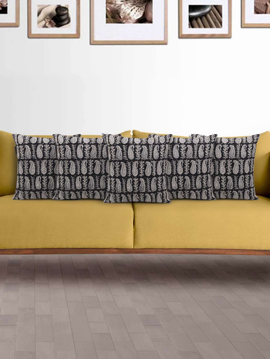 mezposh artsy black and cream cotton block print paisley cushion cover (16x16 inch) set of 5