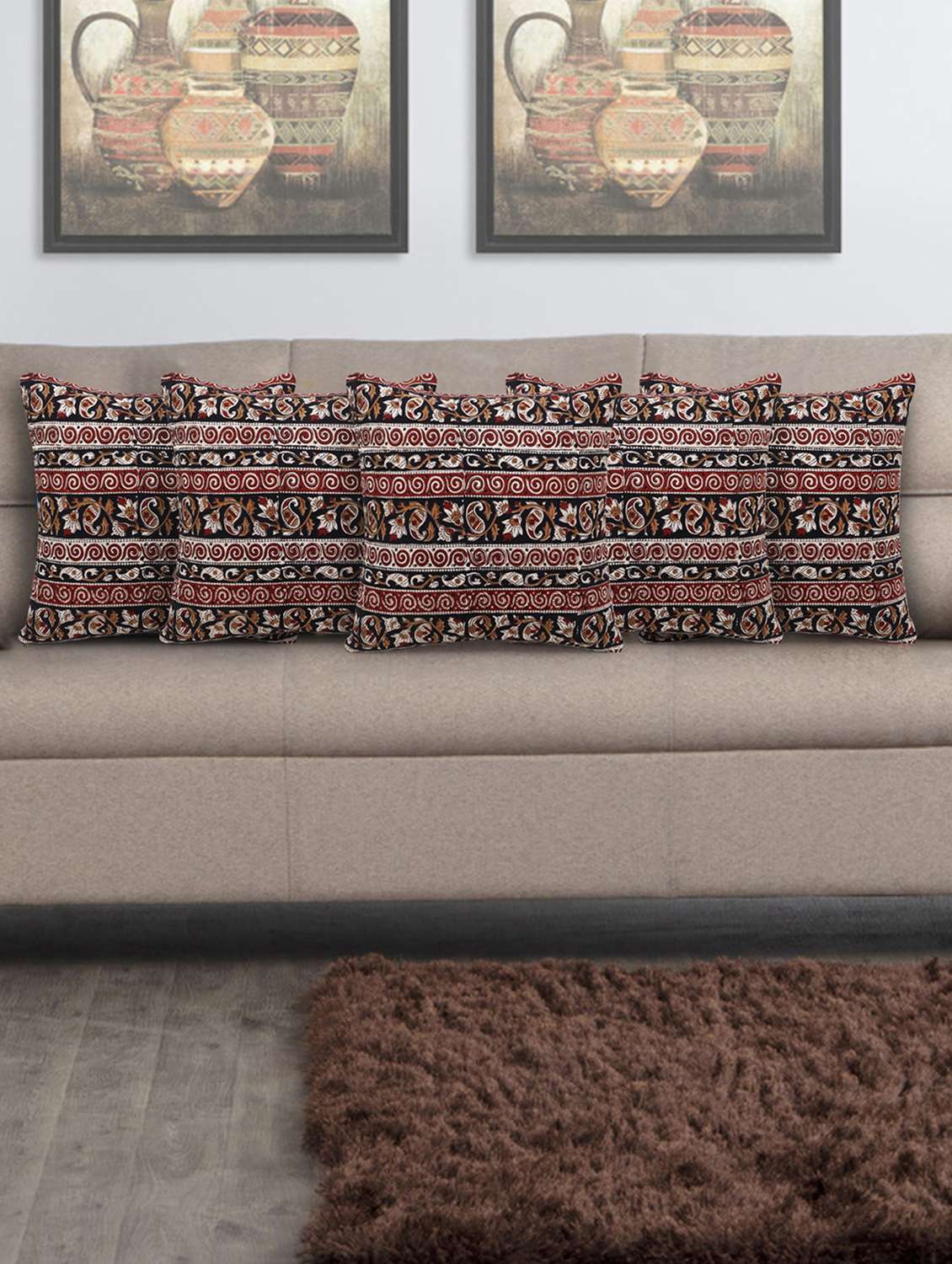 mezposh artsy black and maroon cotton block print kalamkari cushion cover (16x16 inch) set of 5