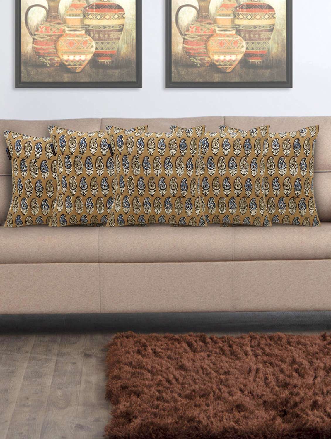 mezposh artsy mustard and multi cotton block print paisley cushion cover (16x16 inch) set of 5