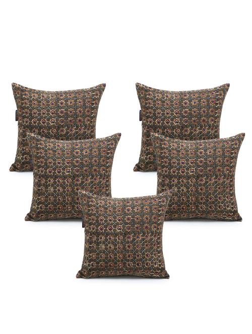 mezposh artsy mehndi green and multi cotton block print floral cushion cover (16x16 inch) set of 5 - 18007149 - Standard Image - 0